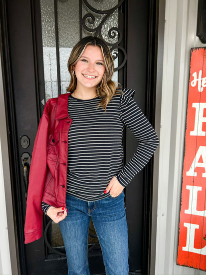 Black White Stripe Ruffle Sleeve Blouse - Southern Belle Boutique