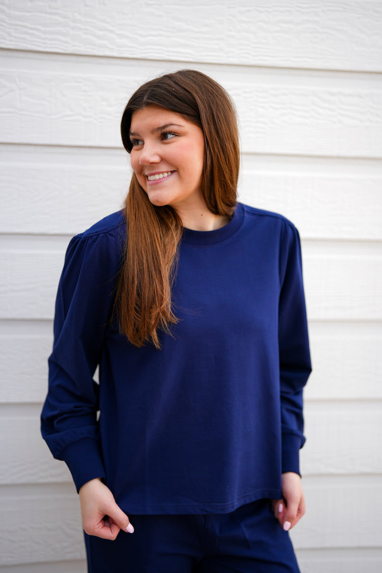 Kanni Crew Neck Puff Sleeve Top - Electric Indigo