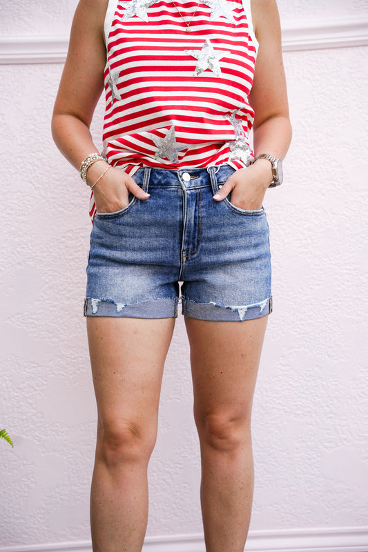 High Rise Ripped Hem Shorts - Medium Wash