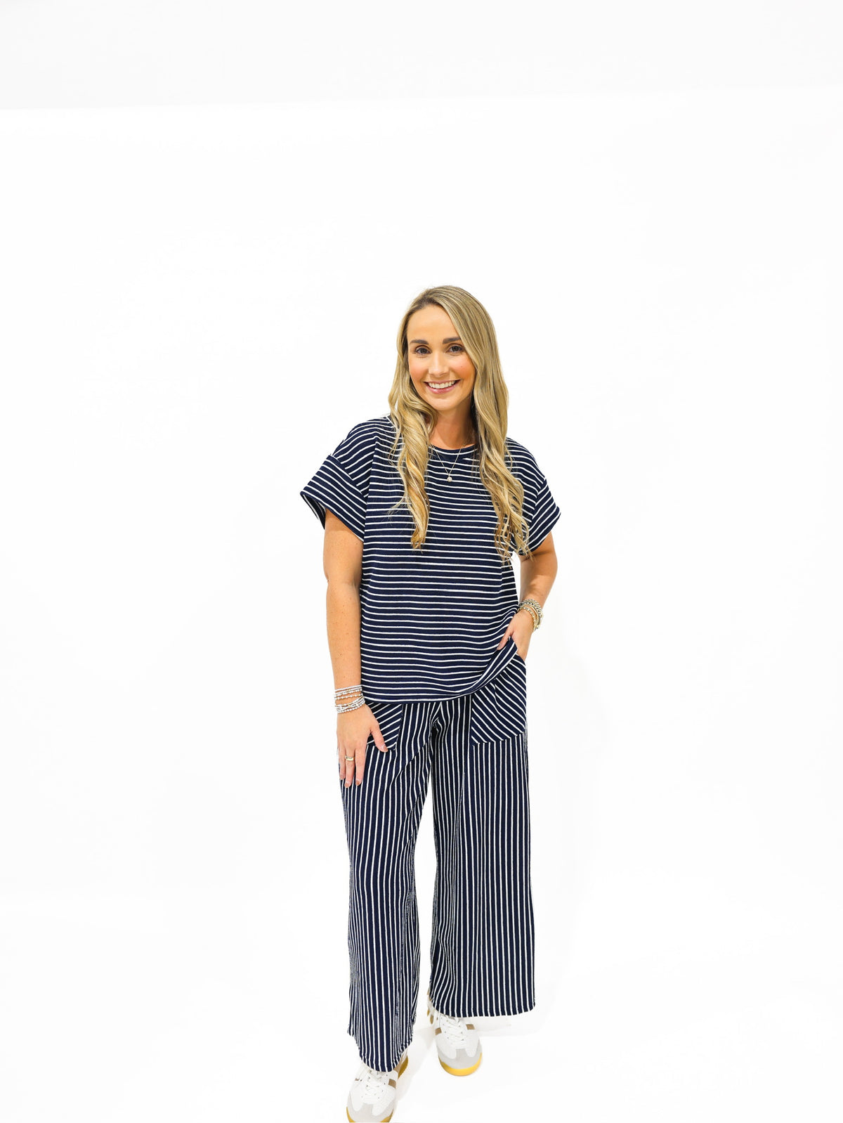 Navy Blue Striped Pant Set
