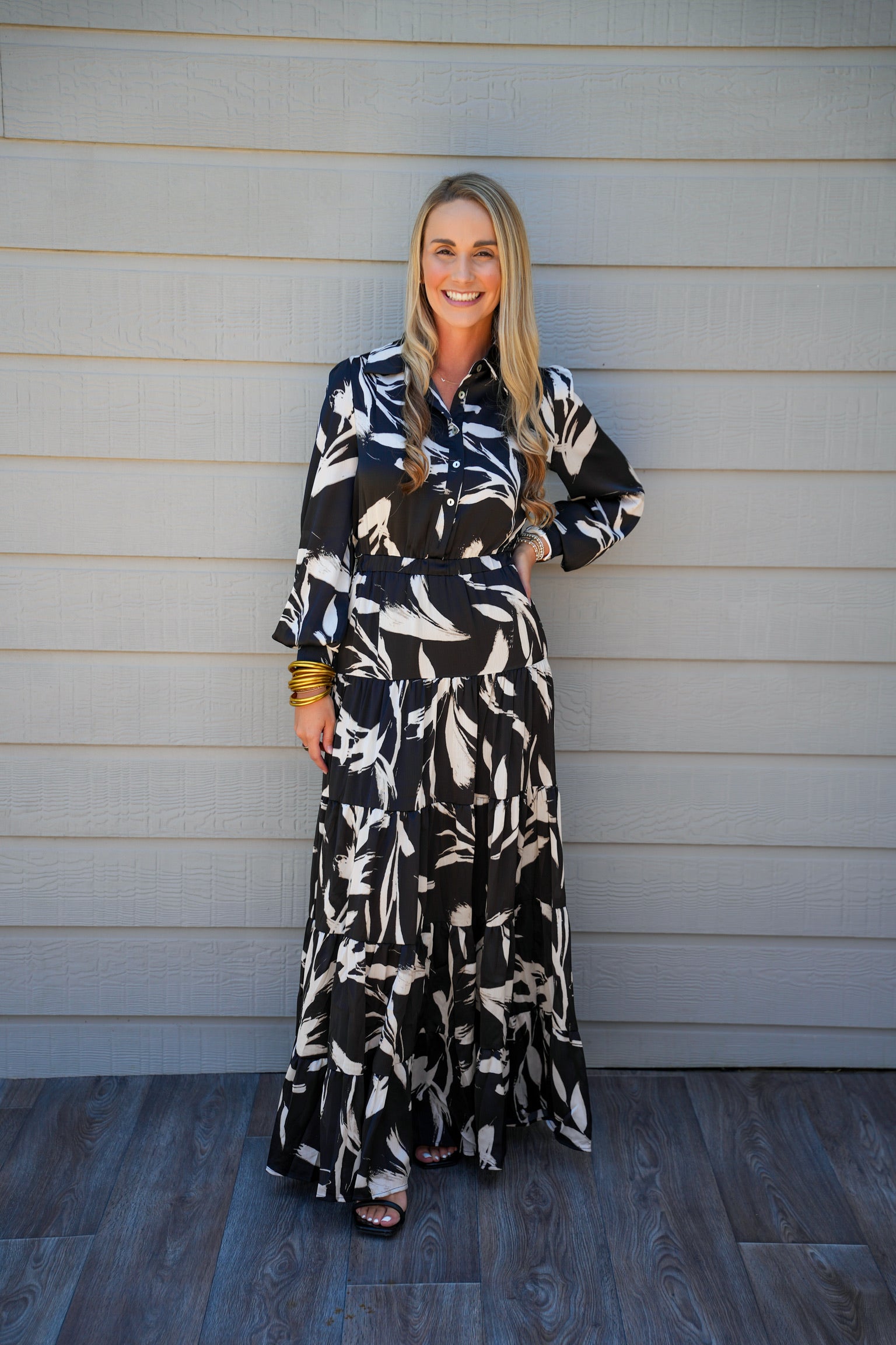 Print Button Down Maxi Dress - Black - Southern Belle Boutique