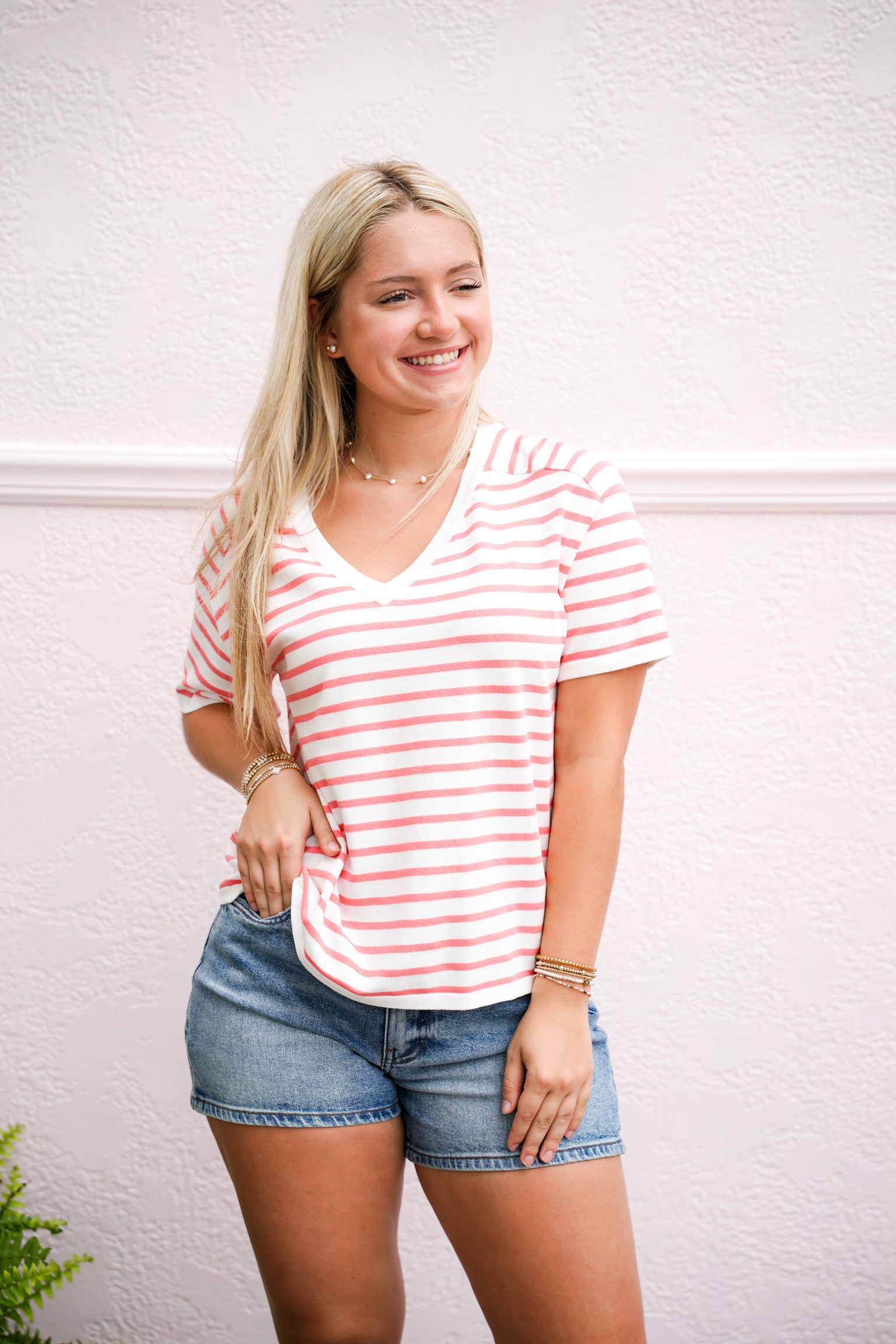 Ivory Coral Striped VNeck Sweater - Southern Belle Boutique