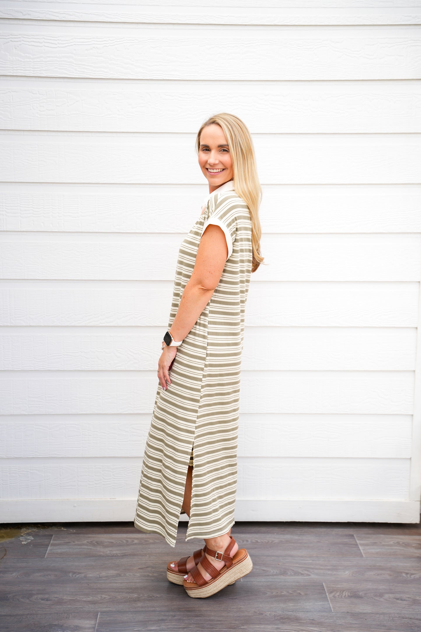 Ivory Sage Striped V-Neck Midi Dress