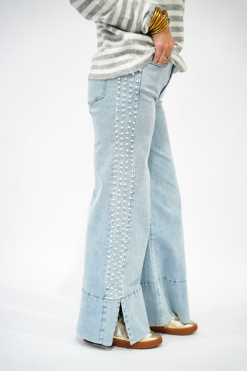 Mid Rise Flare Jean w/Split Cuff - Pearl Embellishment