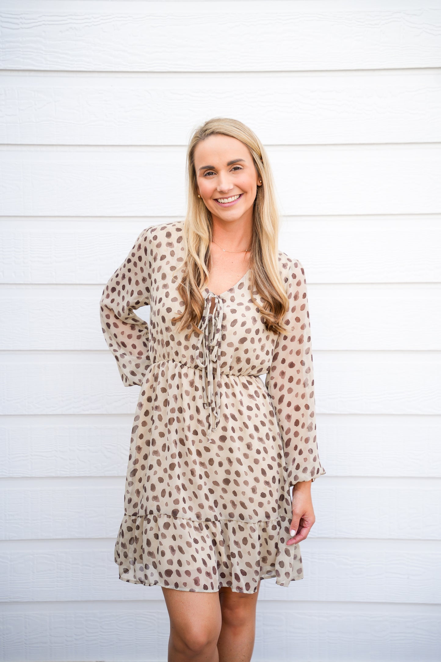 Tan Brown Spotted VNeck Front Tie Mini Dress