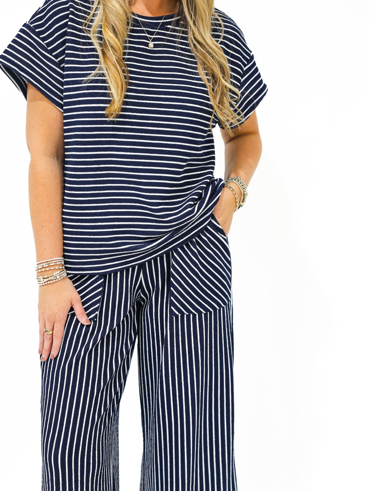 Navy Blue Striped Pant Set
