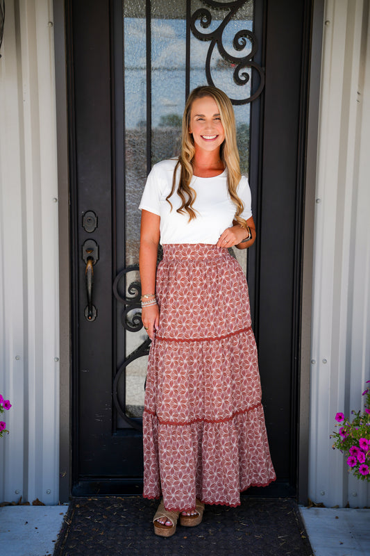 Terra Cotta Floral Rick Rack Lace Tiered Maxi Skirt - Southern Belle Boutique