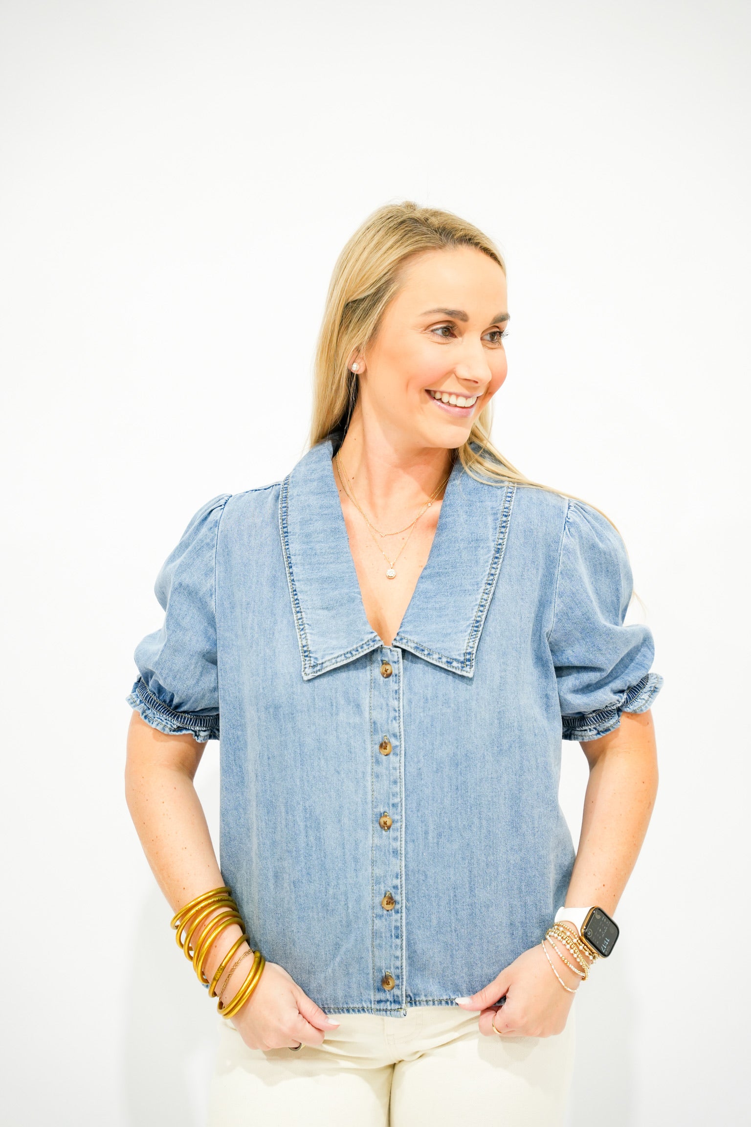 Denim Button Up Blouse - Southern Belle Boutique