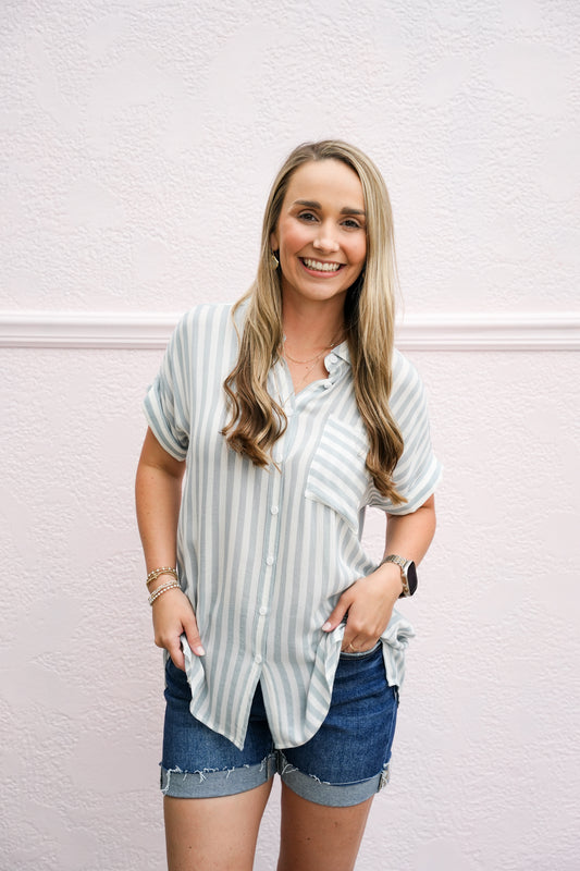 Dusty Blue/White Striped Blouse