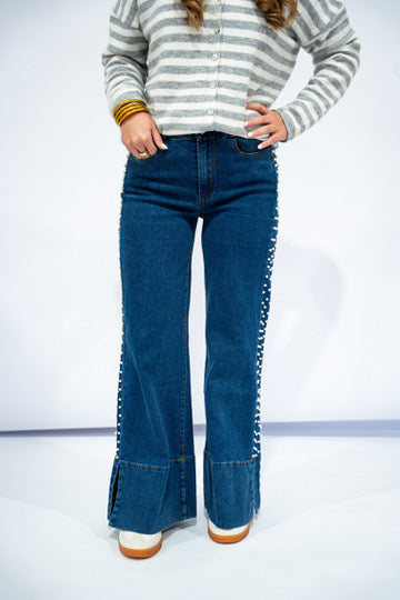 Mid Rise Flare Jean w/Split Cuff - Pearl Embellishment (Dark)