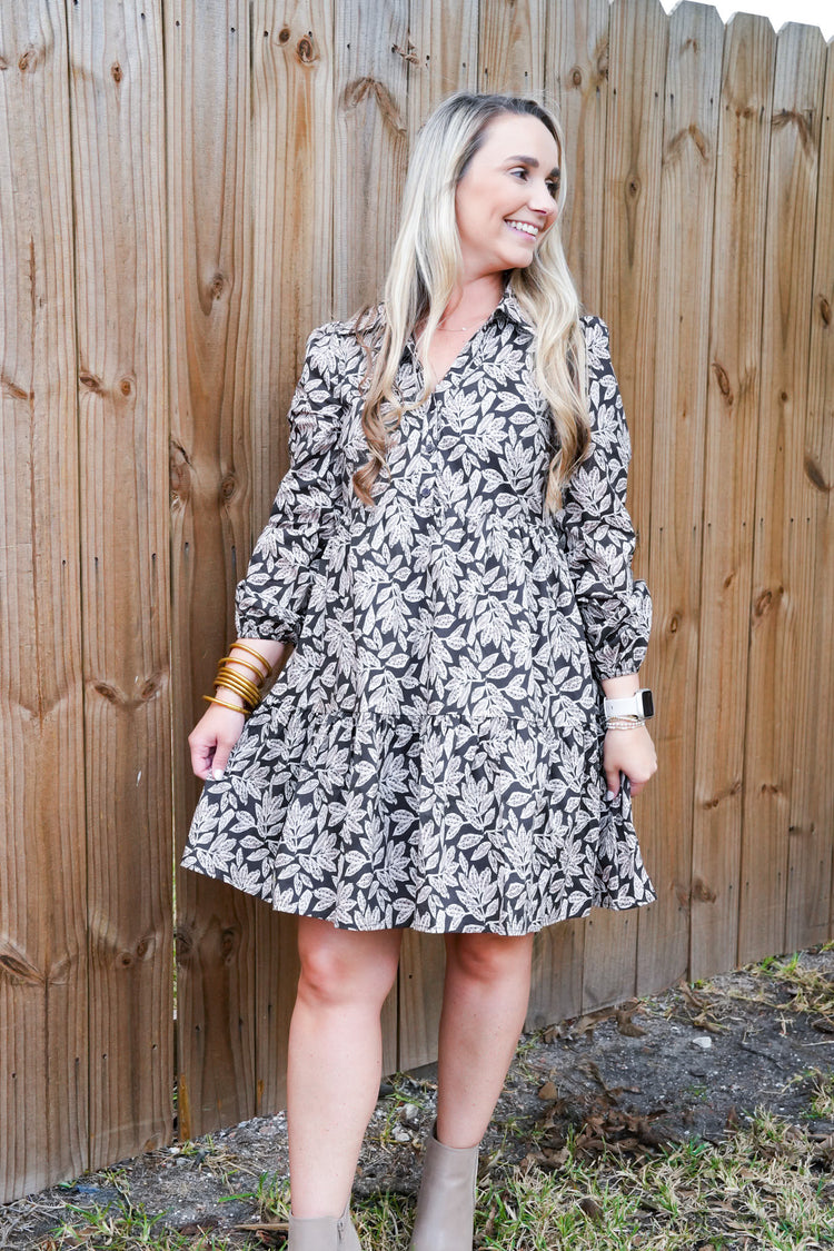 Leaf Print Poplin Mini Dress