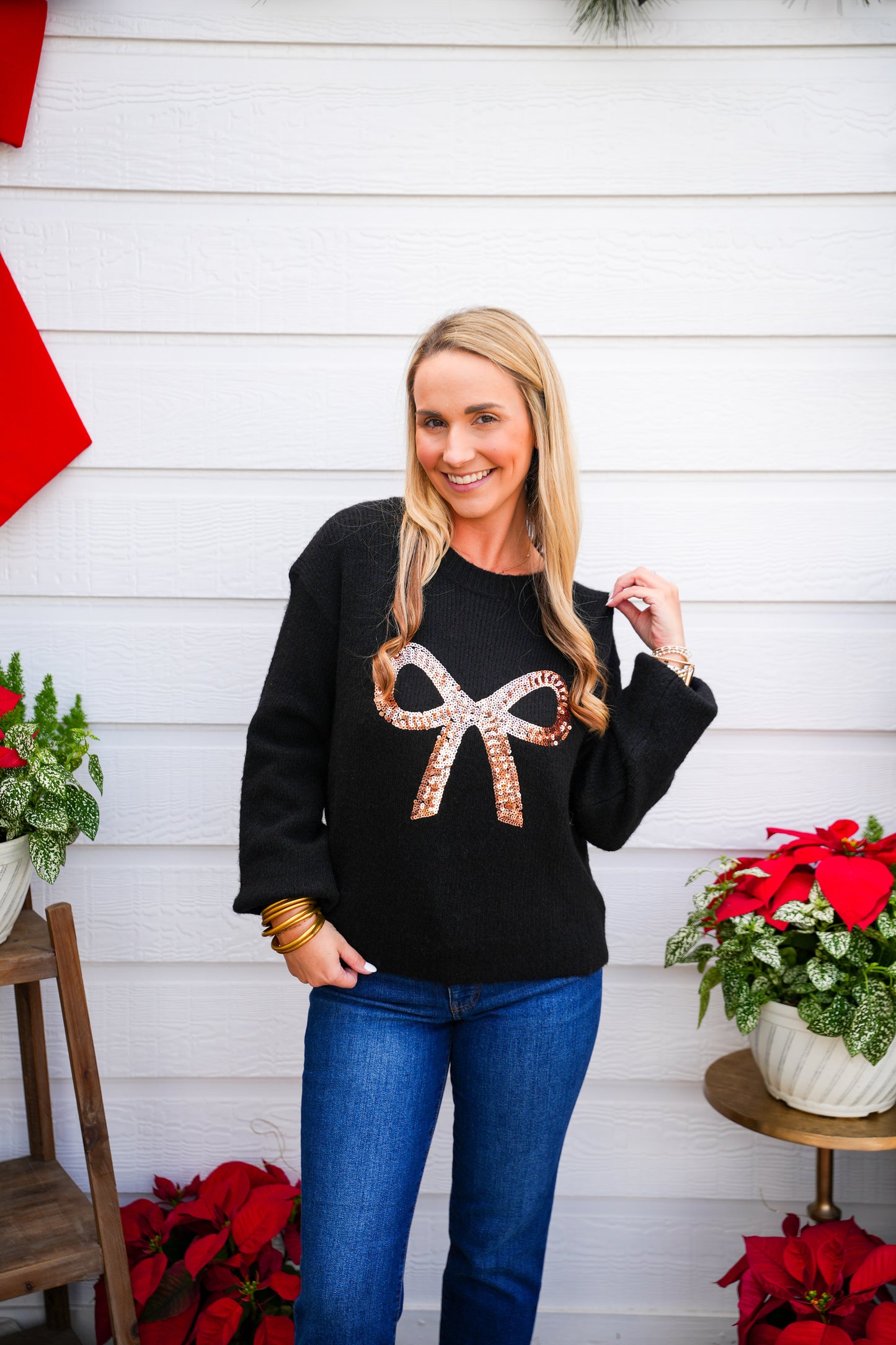 Black Gold Bow Sequin Sweater