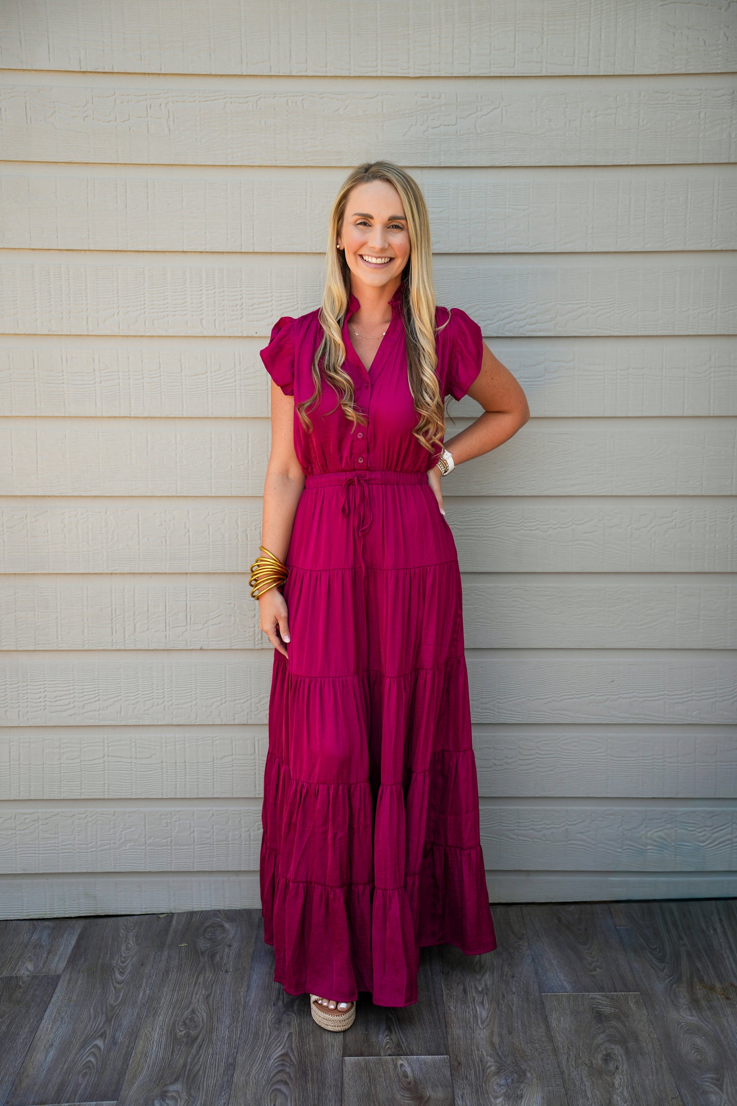 Satin Tiered Maxi Dress - Fall Red