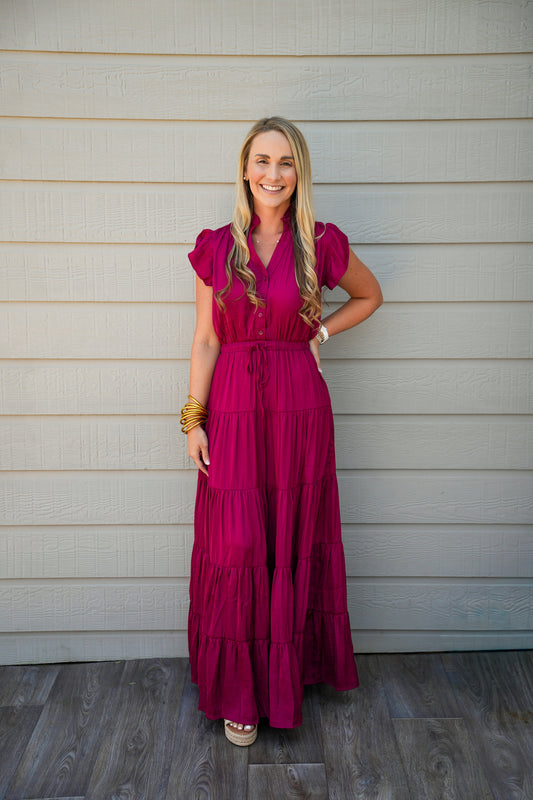 Satin Tiered Maxi Dress - Fall Red