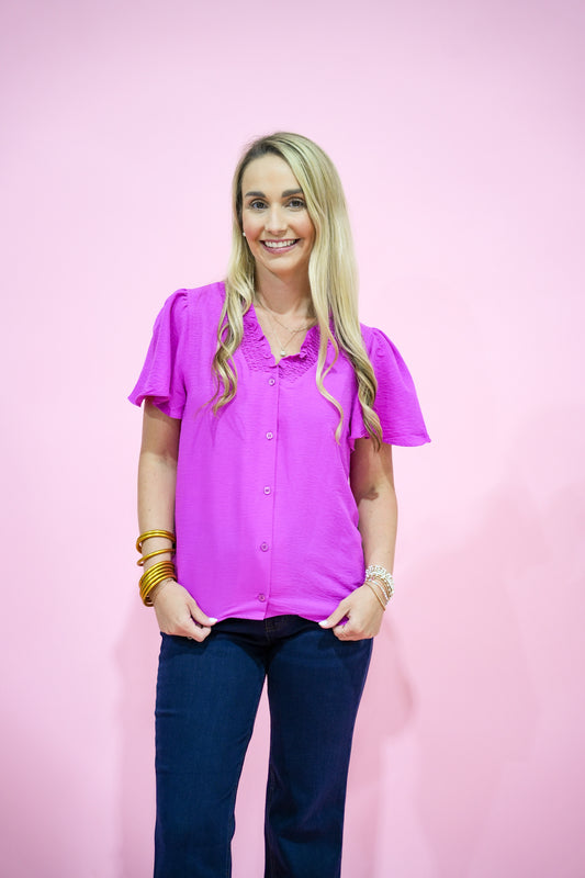Magenta Smocked VNeck Blouse - Southern Belle Boutique