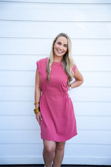 Striped Crew Neck Mini Dress - Crimson Red