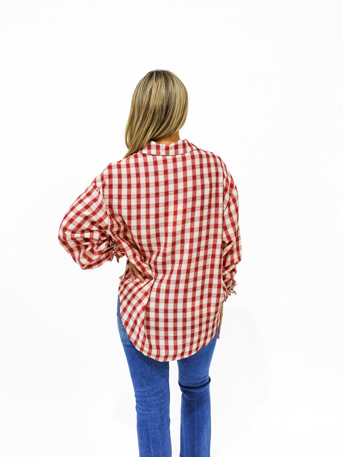 Burgundy Gingham Plaid Ruffle Cuff Shirt