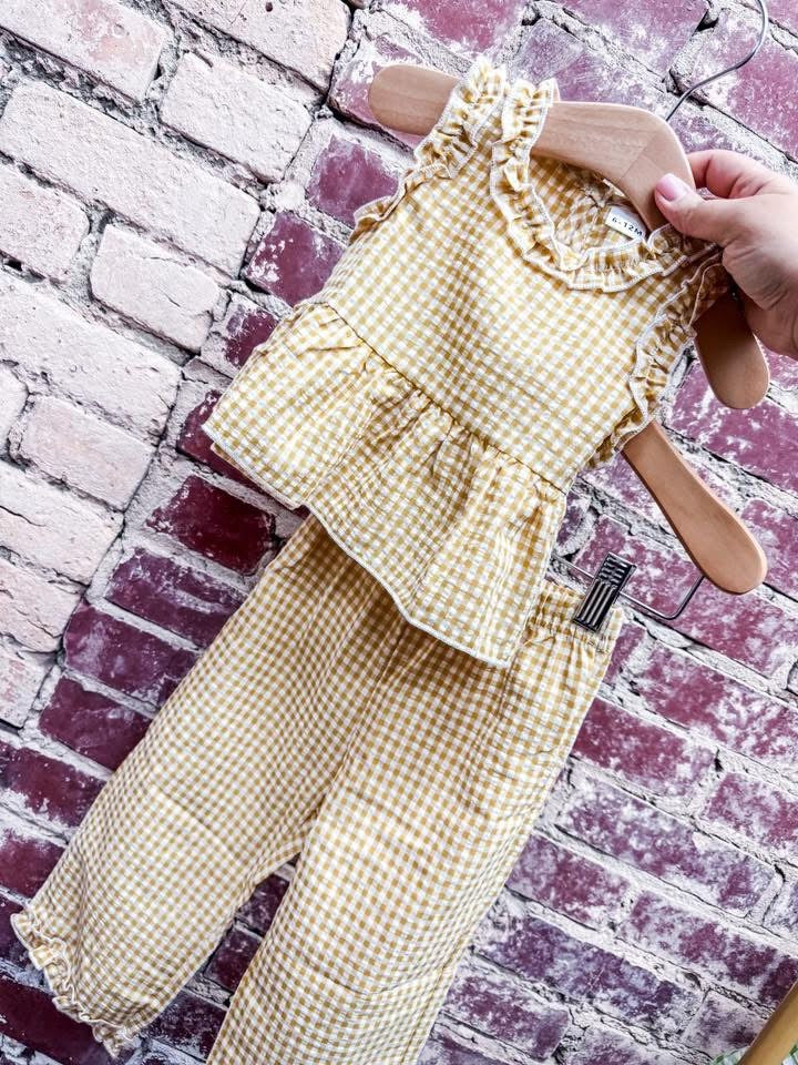 Yellow Gingham Ruffle Pant Set - Southern Belle Boutique