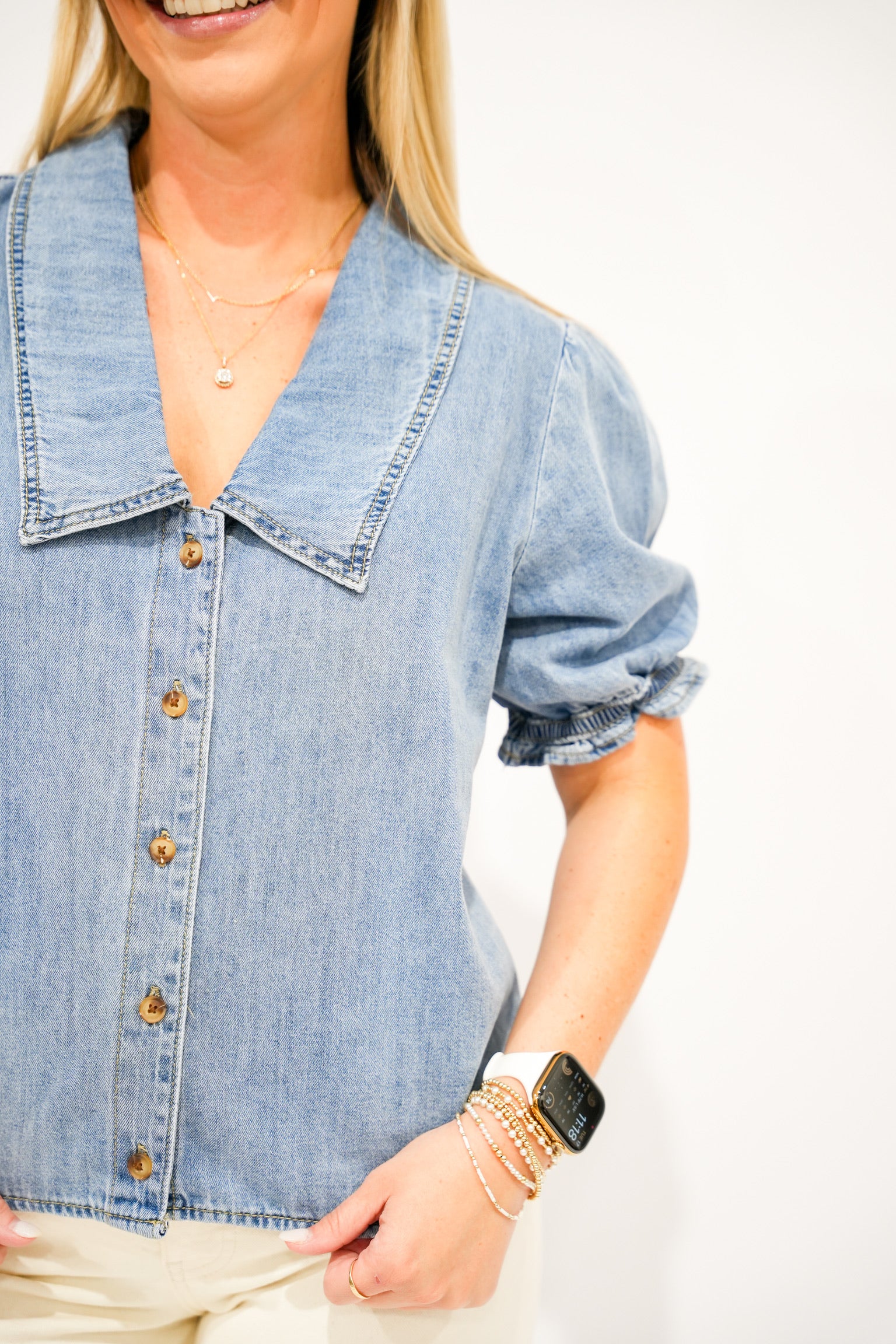 Denim Button Up Blouse - Southern Belle Boutique