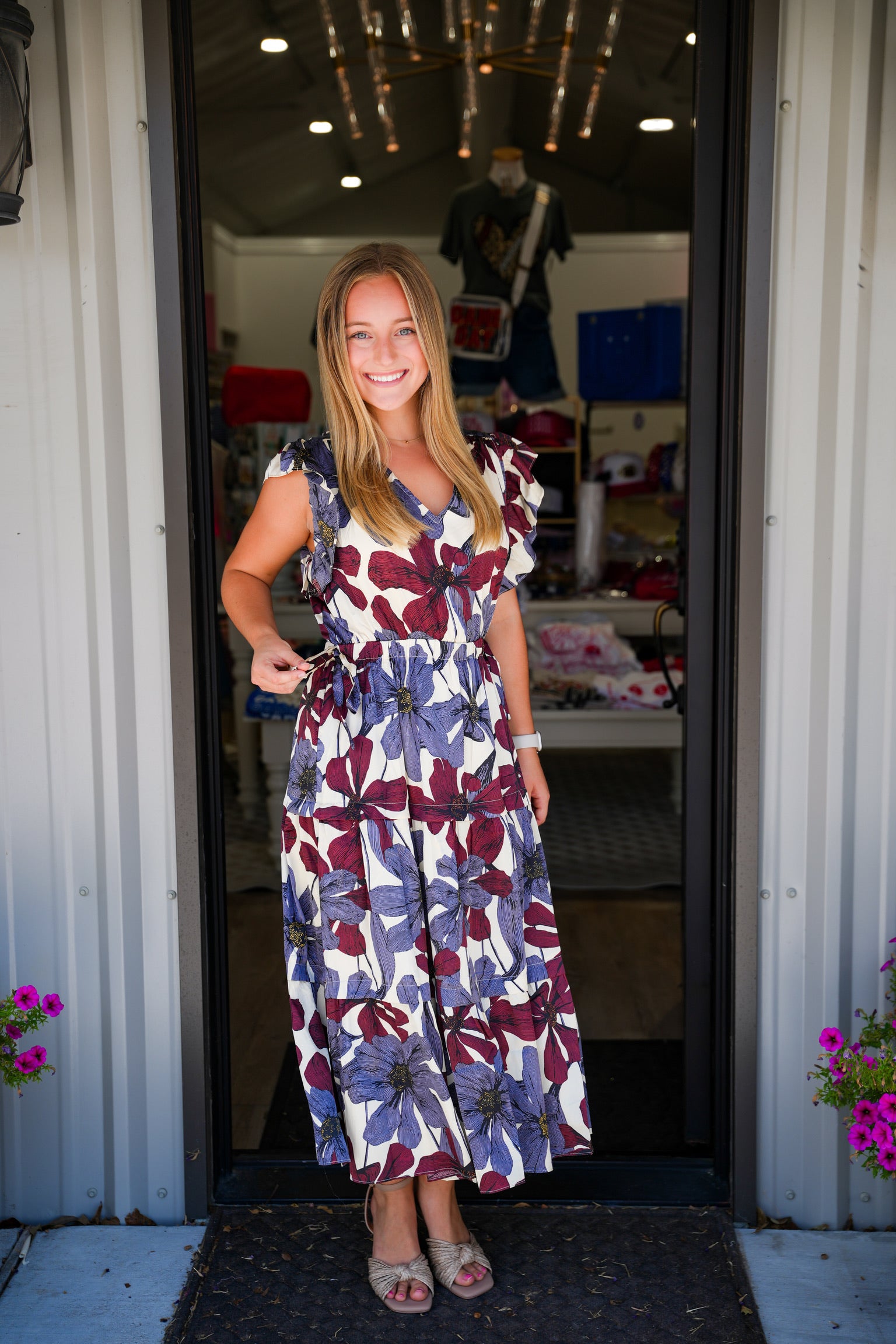 ruffled floral midi dress Blue Grey Satin Ruffle Tiered M The Georgia Boho Sleeve Fluttery short sleeves frame mens tops Color:China Rose
