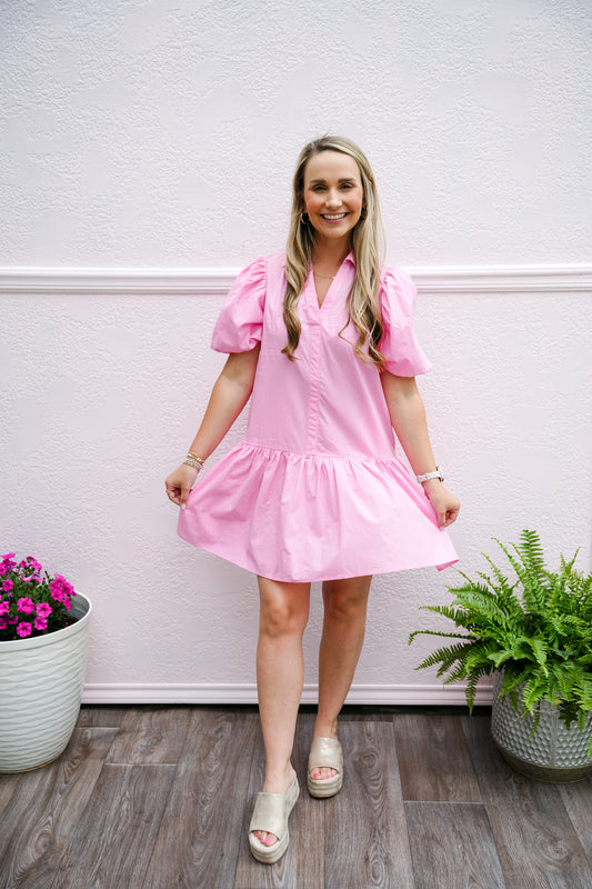 Collared Tiered Mini Dress - Pink - Southern Belle Boutique