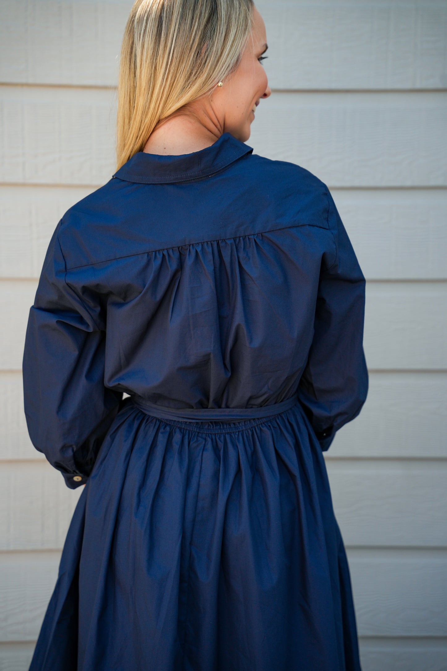 Eyelet Detailed Button Down Midi Dress - Blue Black