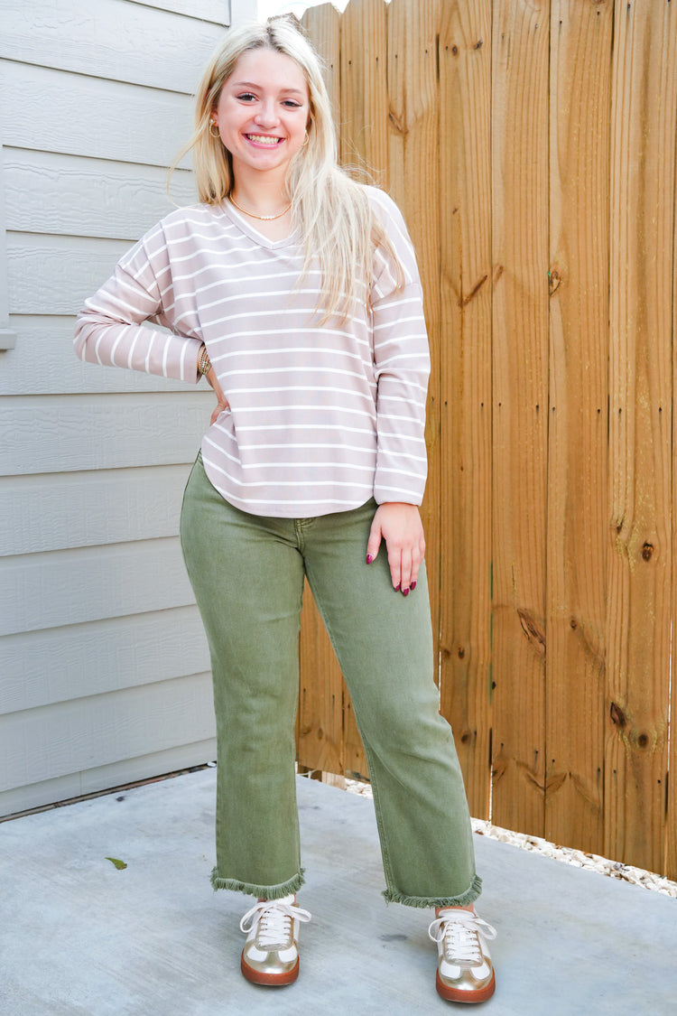 Taupe Striped VNeck Top