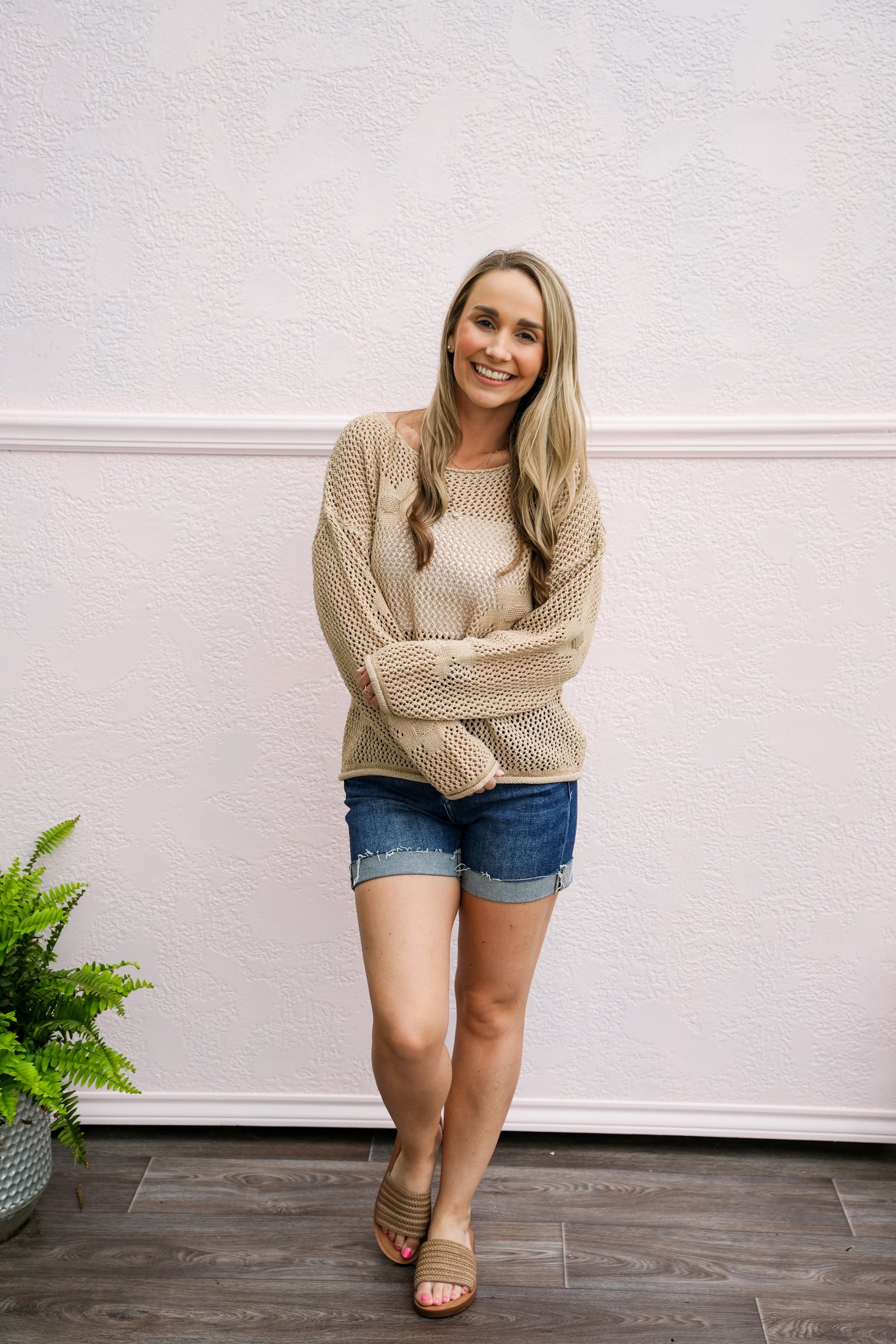 Beige Flower Crochet Stitch Sweater - Southern Belle Boutique