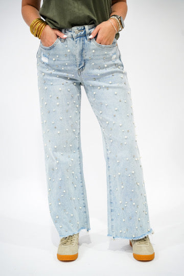 High Rise Wide Leg Pearl Rhinestone Jean