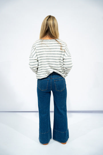 Mid Rise Flare Jean w/Split Cuff - Pearl Embellishment (Dark)