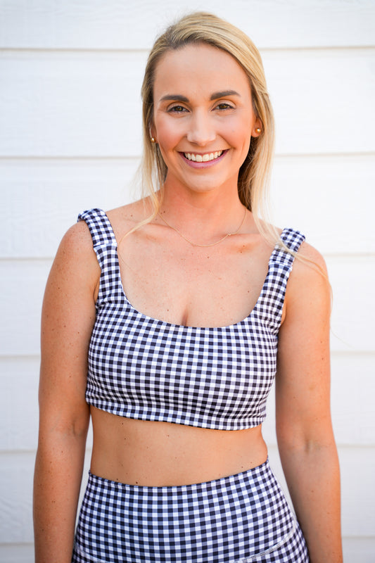 Black Gingham Print Ruched Bra Top