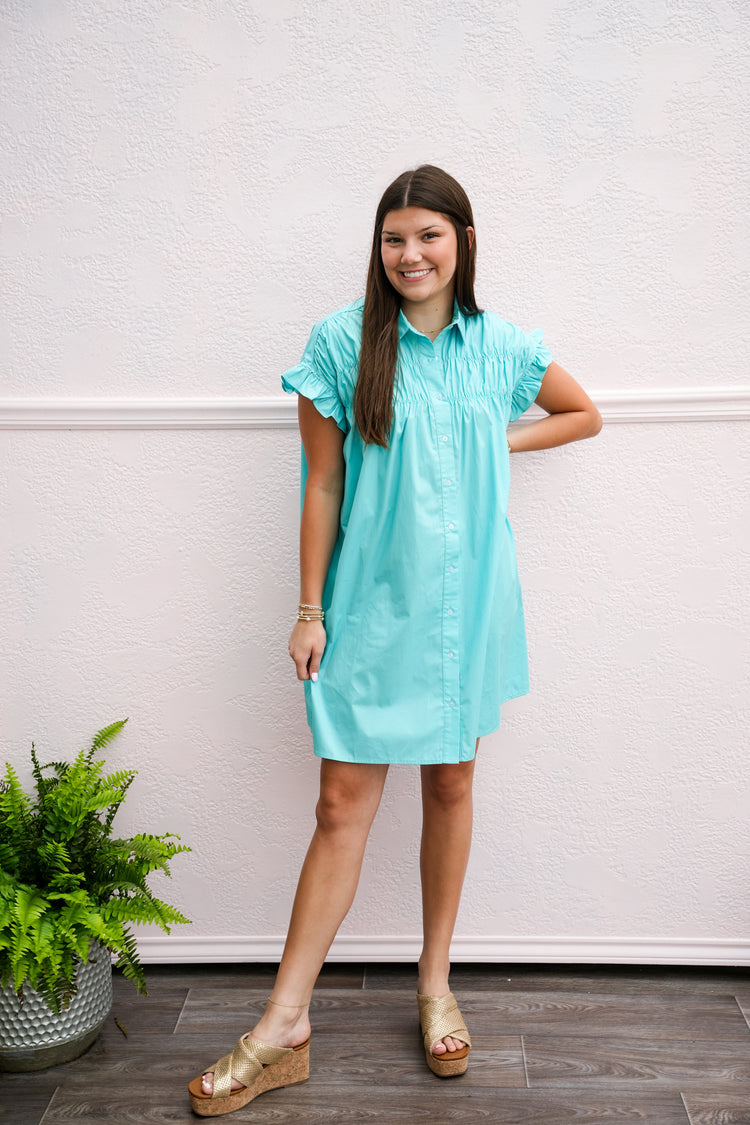 Turquoise Gathered Shirt Dress