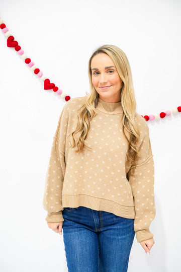 Heart Pattern Drop Shoulder Knit Pullover Sweater