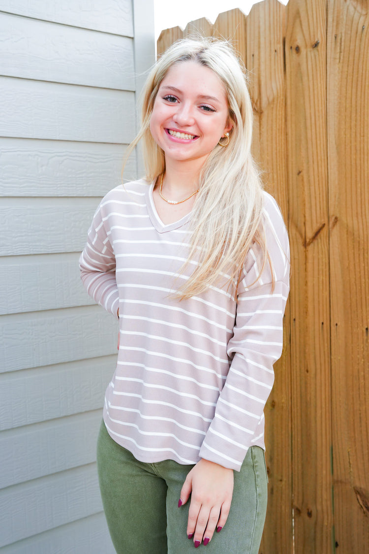 Taupe Striped VNeck Top