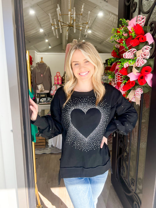 Rhinestone Heart Pullover - Black - Southern Belle Boutique