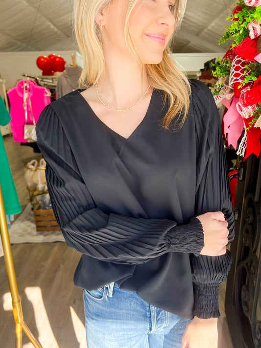 Black Pleated Sleeve VNeck Blouse - Southern Belle Boutique