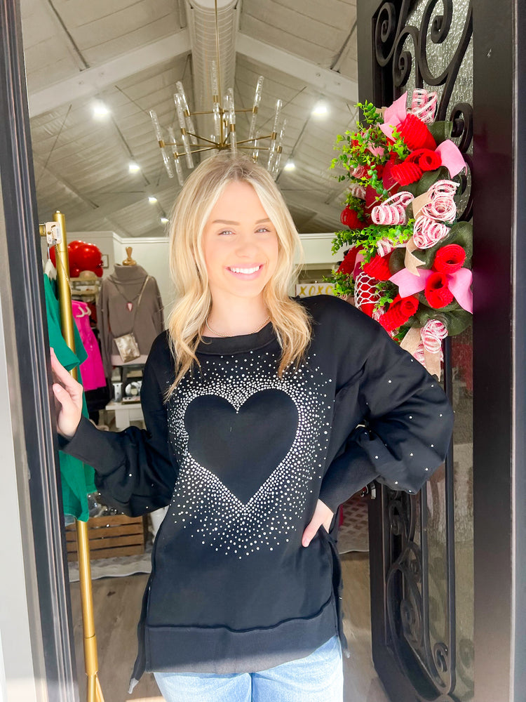 Rhinestone Heart Pullover - Black - Southern Belle Boutique