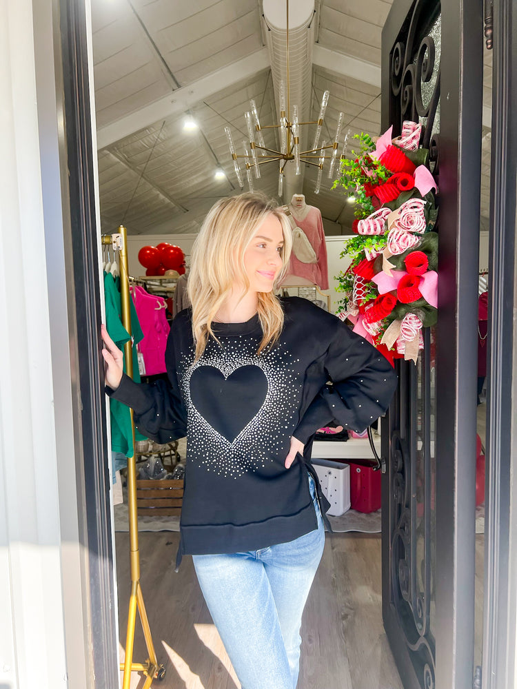 Rhinestone Heart Pullover - Black - Southern Belle Boutique