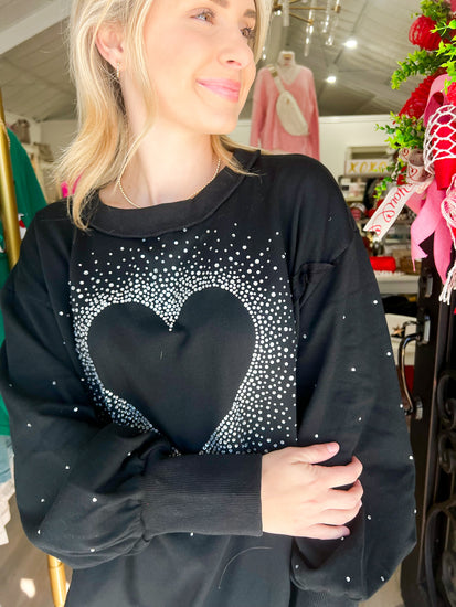 Rhinestone Heart Pullover - Black - Southern Belle Boutique