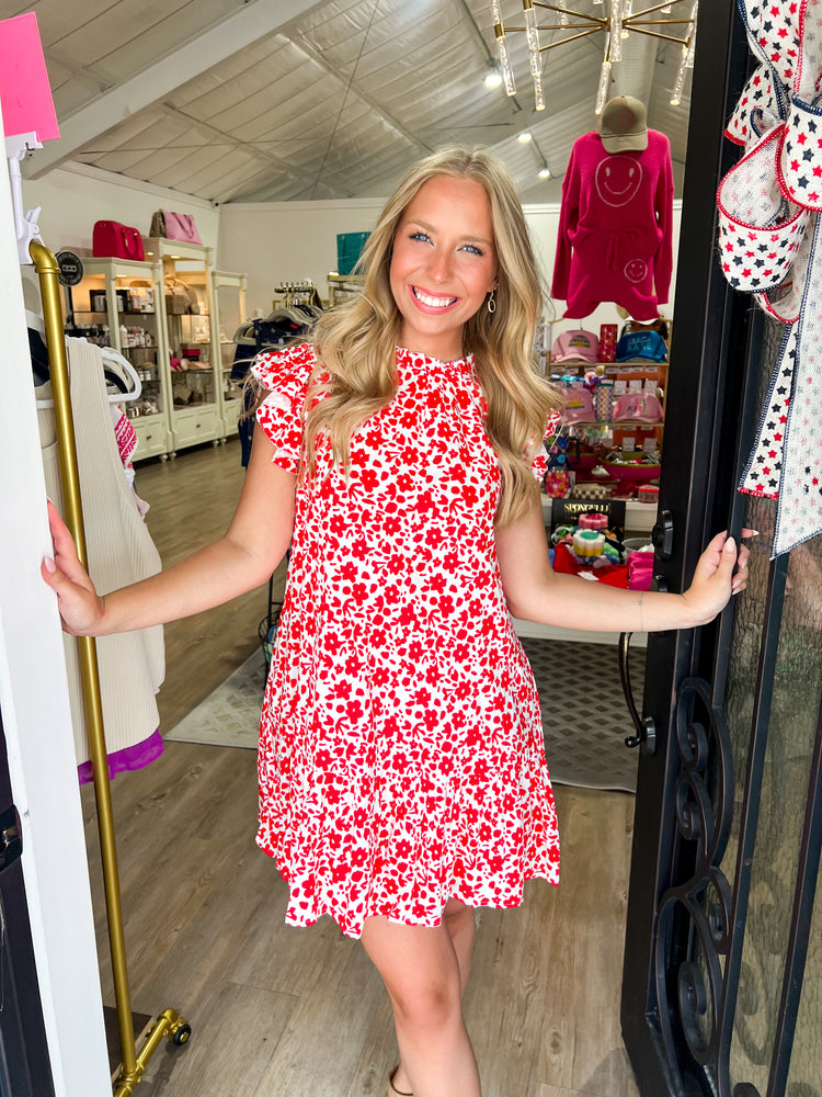 Red Floral Drop Waist Mini Dress - Southern Belle Boutique