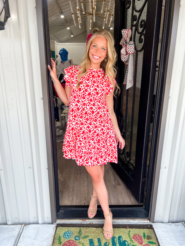 Red Floral Drop Waist Mini Dress - Southern Belle Boutique