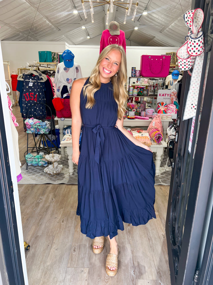 Navy Halter Midi Dress - Southern Belle Boutique