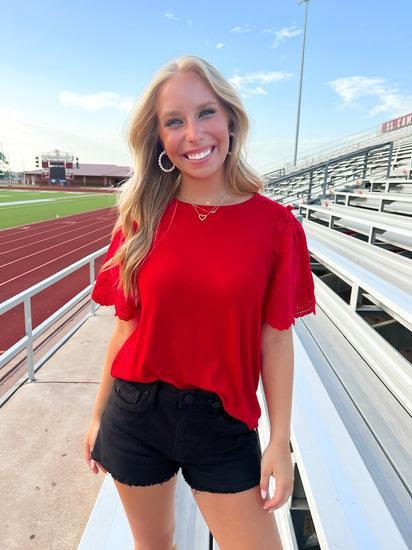 Tomato Red Lace Sleeve Top - Southern Belle Boutique