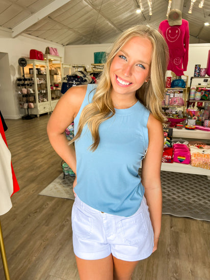 Cleo Ribbed Tank - Dusty Blue - Southern Belle Boutique