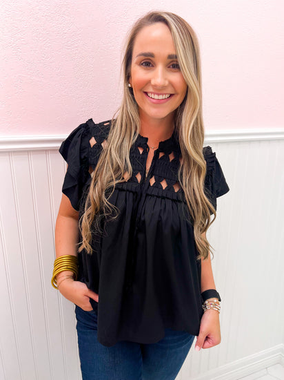 Kezia Knotted Embroidery Top Black - Southern Belle Boutique