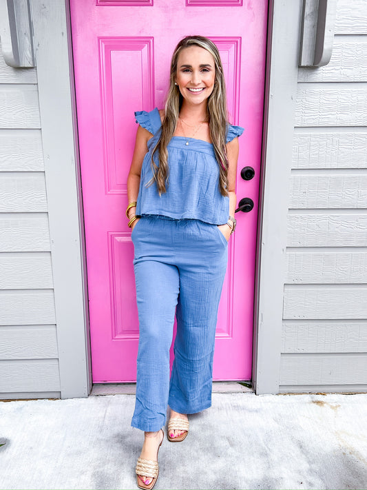Baby Doll Crop Top & Pant Set - Blue - Southern Belle Boutique