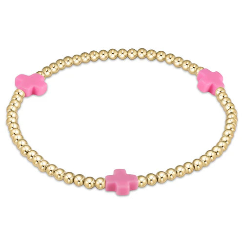 Signature Cross Gold Pattern 3mm Bead Bracelet - Bright Pink - Southern Belle Boutique