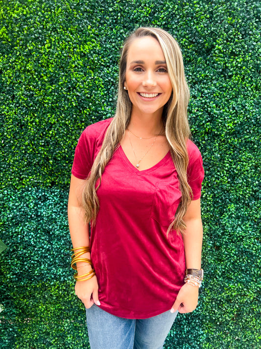 Phoenix Suede V-Neck Pocket Tee - Vino - Southern Belle Boutique