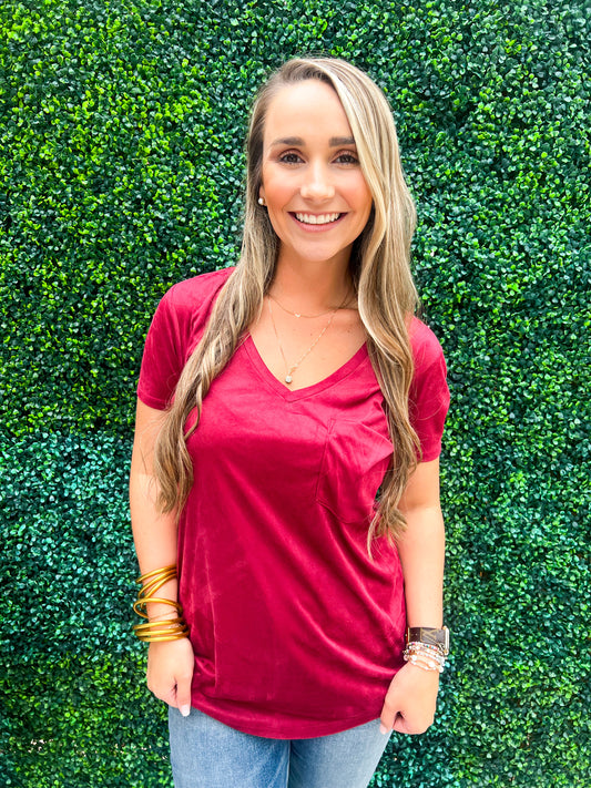 Phoenix Suede V-Neck Pocket Tee - Vino - Southern Belle Boutique