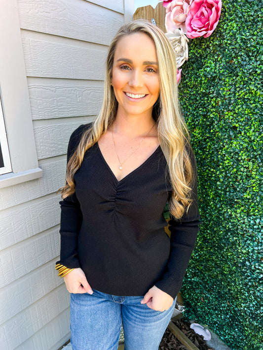 Leighton Ruched Rib Top - Black - Southern Belle Boutique